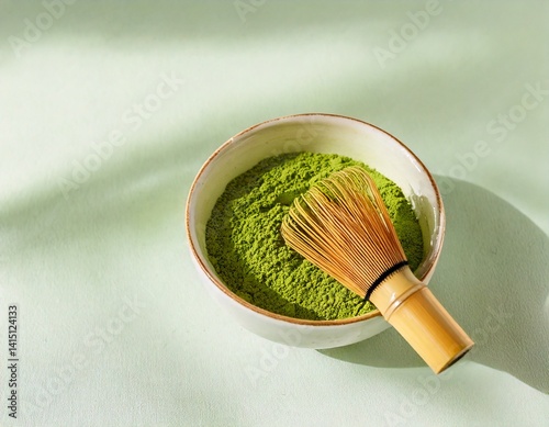 Bowl of matcha powder on light background with bamboo whisk and soft shadows.