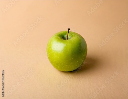 Single green apple centered on a matte beige background, minimalist studio light.