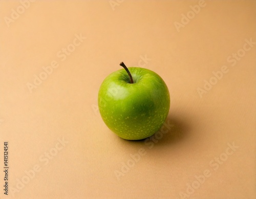 Single green apple centered on a matte beige background, minimalist studio light.