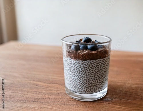 Minimalist breakfast scene with chia pudding in a clear glass, side angle, soft morning light.