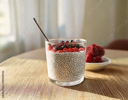 Minimalist breakfast scene with chia pudding in a clear glass, side angle, soft morning light.