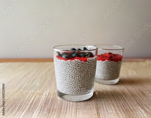Minimalist breakfast scene with chia pudding in a clear glass, side angle, soft morning light.