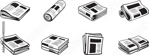 Illustration of various types of newspapers including rolled, folded, and stacked versions. Perfect for media, journalism, and news-related design projects and illustrations.