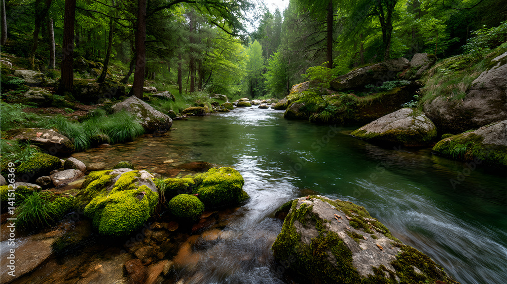 Tranquil Stream in Lush Green Forest, Mossy Rocks and Crystal Clear Water