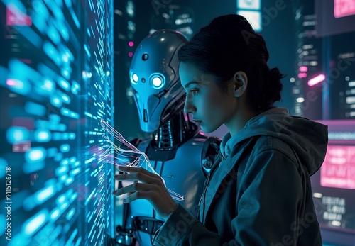 A Woman Interacts with a Digital Interface Beside a Robot in a Cyberpunk Night City. AI Generated Image