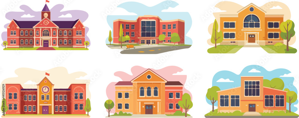  Colorful vector illustrations of various school buildings, including traditional, modern, and academic campus designs. Perfect for educational, school architecture, and campus-themed projects.