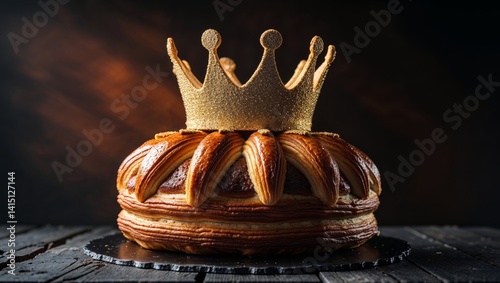 King Cake Pastries with Golden Crown on Dark Wooden Table