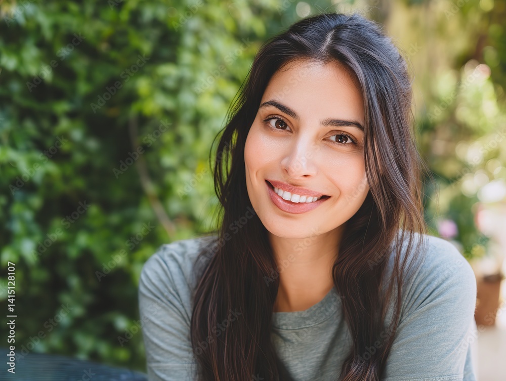 A beautiful woman with long dark brown hair and a big smile. In the soft natural light, the background is greenery. A beautiful woman with long dark brown hair and a big smile. In the soft natural light, the background is greenery.