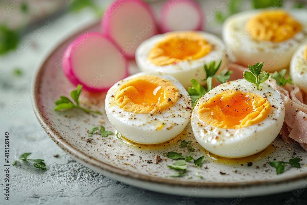Croatian Easter breakfast with halved soft-boiled eggs, radishes, and fresh herbs on a rustic plate Croatian Easter breakfast with halved soft-boiled eggs, radishes, and fresh herbs on a rustic plate