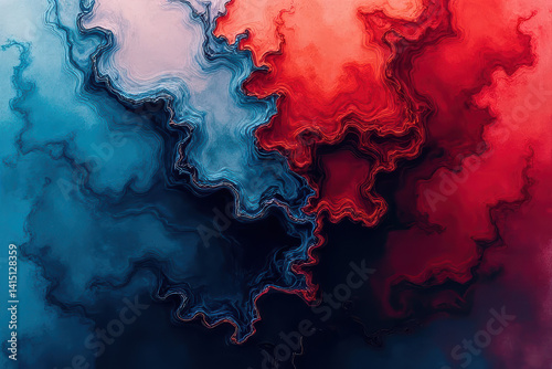 Mesmerizing Ink Swirls: Cyan & Dark Red Blend in Dreamlike Organic Patterns