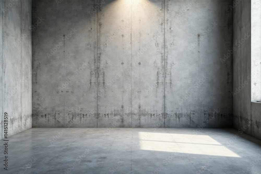 Empty Room with Concrete Walls and Floor, Sunlit Corner, Minimalist Design Empty Room with Concrete Walls and Floor, Sunlit Corner, Minimalist Design