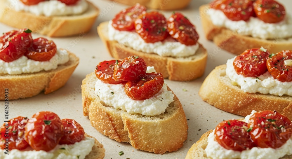 Roasted Tomato and Ricotta Bruschetta Appetizer - Delicious and simple appetizer featuring toasted baguette slices topped with creamy ricotta cheese and sweet roasted tomatoes. Perfect for parties Roasted Tomato and Ricotta Bruschetta Appetizer - Delicious and simple appetizer featuring toasted baguette slices topped with creamy ricotta cheese and sweet roasted tomatoes. Perfect for parties