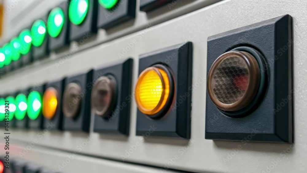 Control panel with illuminated buttons and indicators for error prevention in industrial technology showcasing corrective action concepts.