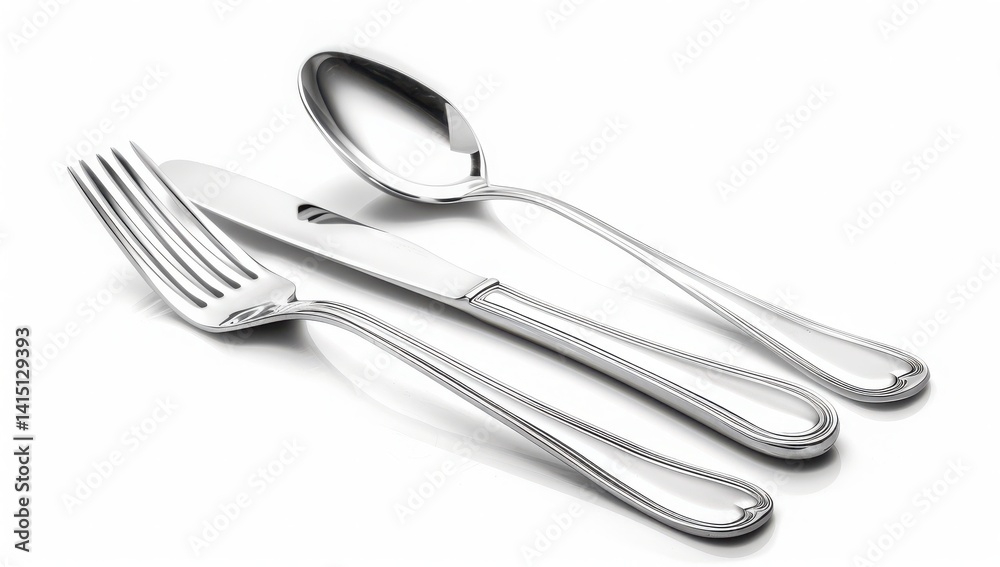 Elegant silverware set featuring a fork, knife, and spoon on a white background. Elegant silverware set featuring a fork, knife, and spoon on a white background.