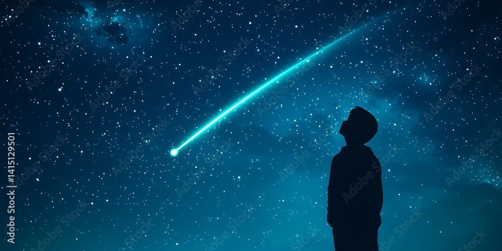 Silhouette of a boy looking at a shooting star on a beautiful starry night