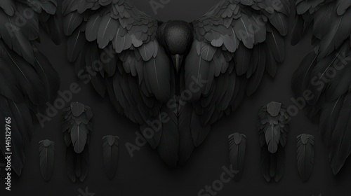 Dark, symmetrical bird wings.  Feathers arranged in a central,  bird-like form on a dark background