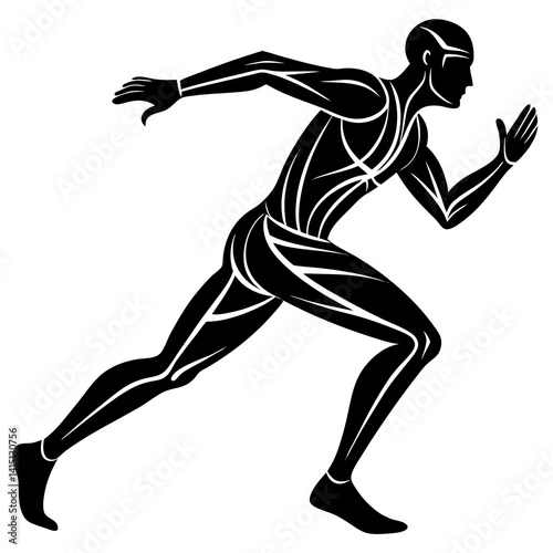 Line art vector silhouette of a runner in full motion, with one leg extended forward and the arms bent 