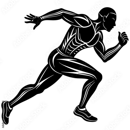 Line art vector silhouette of a runner in full motion, with one leg extended forward and the arms bent 