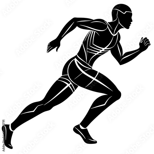 Line art vector silhouette of a runner in full motion, with one leg extended forward and the arms bent 