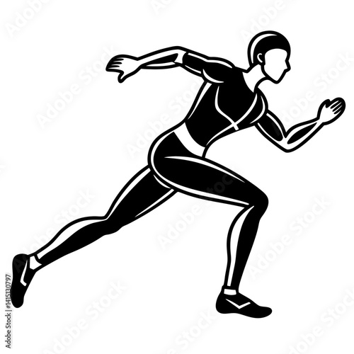 Line art vector silhouette of a runner in full motion, with one leg extended forward and the arms bent 