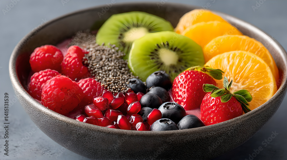 Vibrant Fruit Bowl with Kiwi Orange Berries and Pomegranate Seeds with Chia Seeds