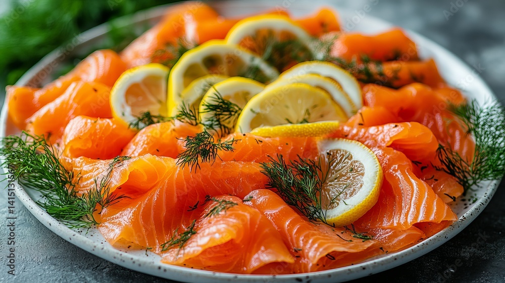Scandinavian-style smoked salmon platter garnished with lemon slices and fresh dill on a white plate Scandinavian-style smoked salmon platter garnished with lemon slices and fresh dill on a white plate