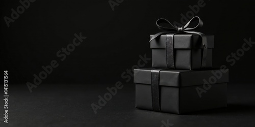 Mysterious Black Gift Boxes on Dark Background, Elegantly Stacked and Tied with Ribbons