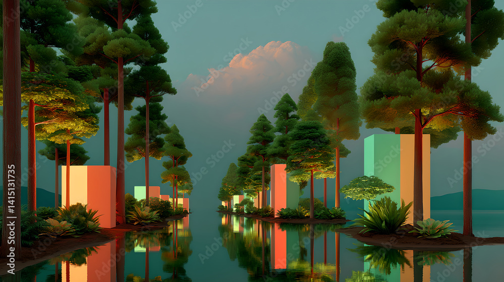 Tranquil Voxel Art Landscape with Pastel Geometric Accents at Twilight Water Reflection