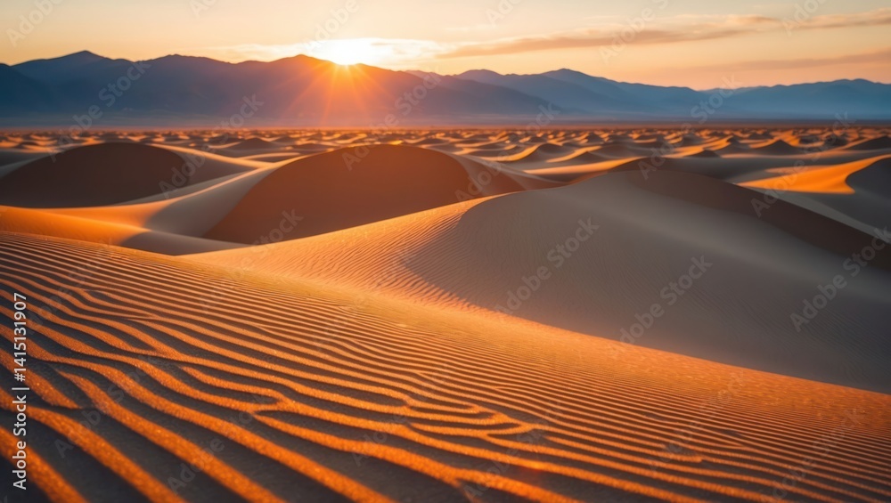 Naklejka premium Sand Dunes at Sunset with Mountain Silhouette Scenery