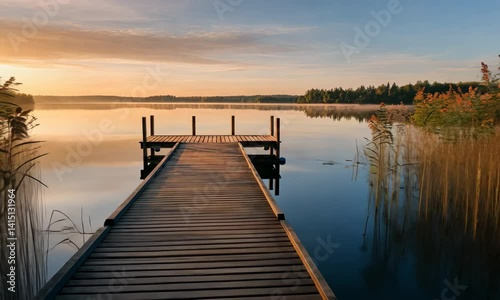 Wallpaper Mural Wooden dock leading to serene lake during sunset with boat tied side, surrounded by tall reeds Torontodigital.ca