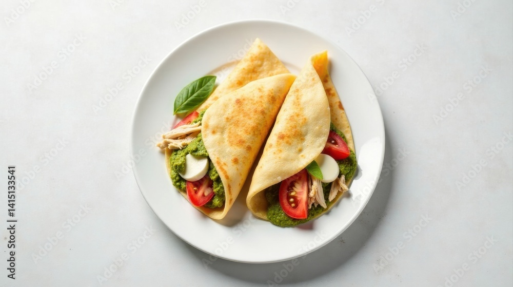 Obraz premium Savory Chicken Wraps with Pesto, Tomato, and Cheese on a White Plate