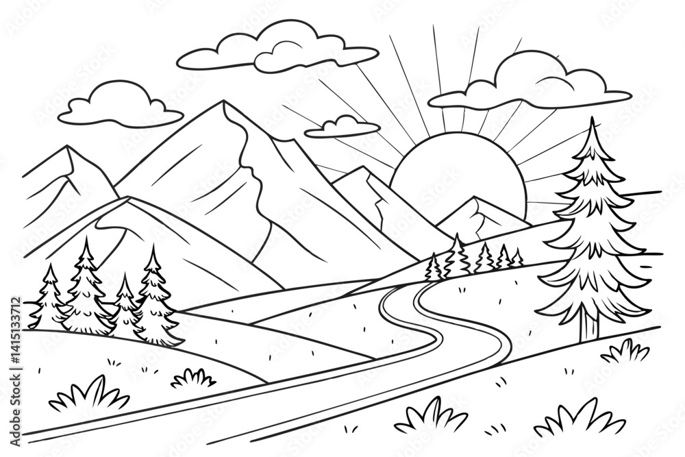 Fototapeta premium a mountain landscape,clouds,sun and the road leading into the sunset, coloring page for kids, colorless, uncolored, black and white