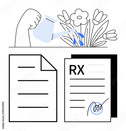 Hand waters flowers symbolizing growth and nurturing, aligned above documents including an RX prescription. Ideal for wellness, healthcare, growth, sustainability, self-care, productivity