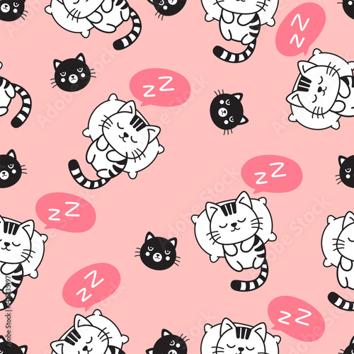 Sleep cats cartoon pattern seamless vector background