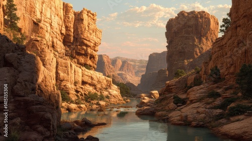 Scenic Canyon River View with Eroded Rocks and Lush Greenery Landscape Natural Light Ambience