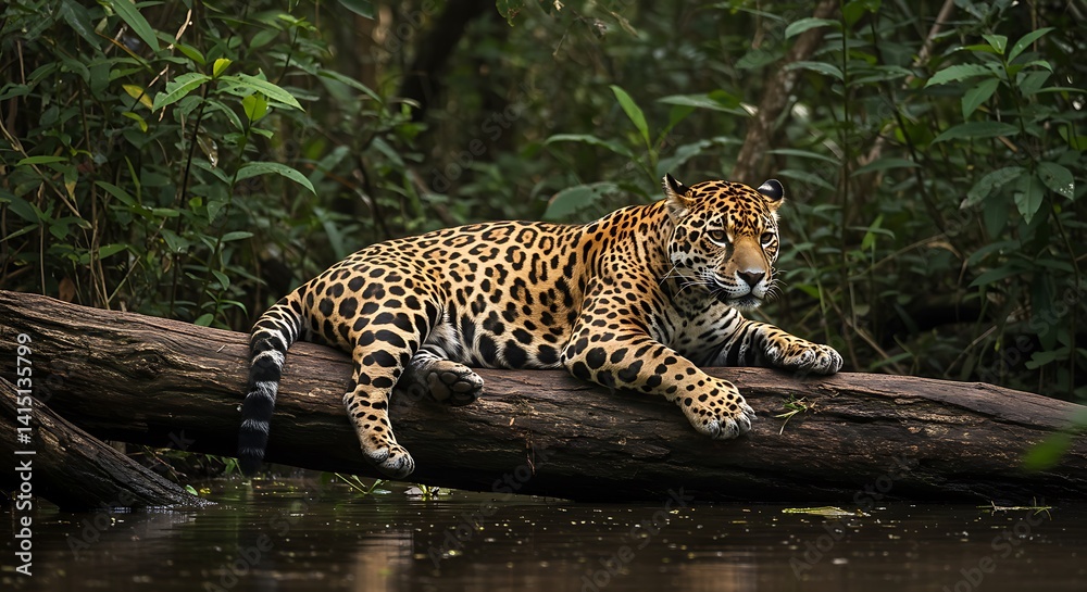 Jaguar Resting on Log by Water in Tropical Forest Jaguar Resting on Log by Water in Tropical Forest