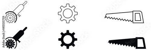 Construction tools icon set in black fill and outline style. Hand saw for wood cutting, teeth round saw blade disc, cog, gear sign vector illustration.