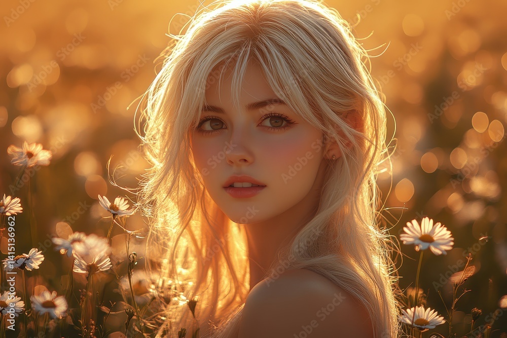 Fototapeta premium Young woman with blonde hair surrounded by wildflowers during golden hour in a sunlit meadow