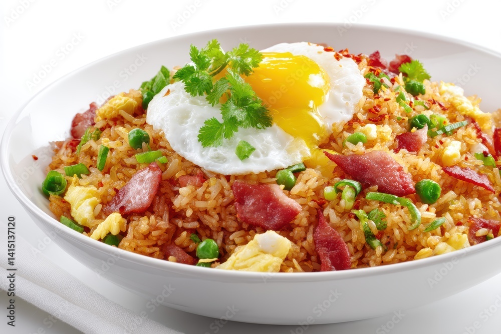 Delicious fried rice with sunny side up egg colorful and yummy cuisine meal presentation studio shot Delicious fried rice with sunny side up egg colorful and yummy cuisine meal presentation studio shot