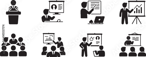  Black and white silhouettes of business and presentation icons including podium speaking, meetings, reports, and group discussions. Ideal for business, corporate, and professional project themes rela