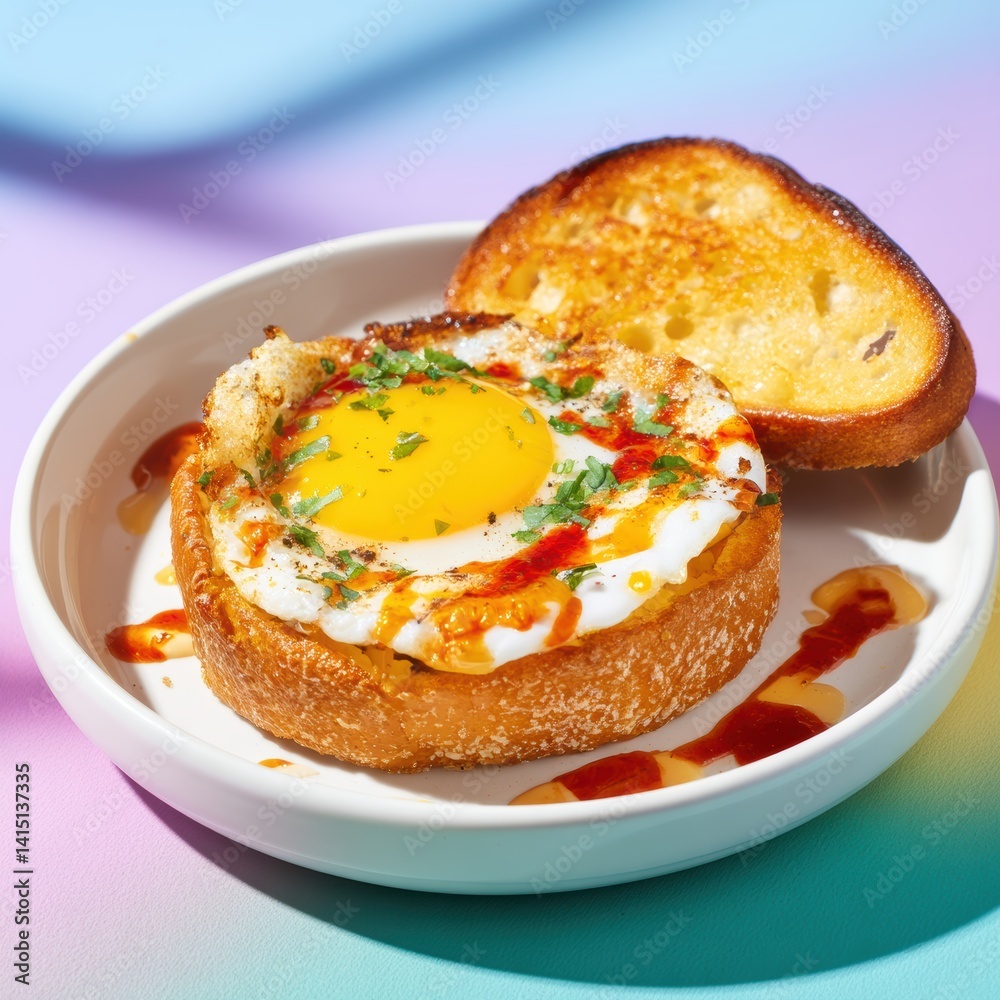 Sunny side up egg nestled in bread with golden toast a vibrant food photograph capturing simple yet delicious breakfast or brunch Sunny side up egg nestled in bread with golden toast a vibrant food photograph capturing simple yet delicious breakfast or brunch