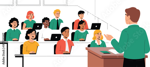  Illustration of a classroom with a teacher giving a lecture to a group of students, all with laptops. Ideal for educational, teaching, and online learning-themed designs.