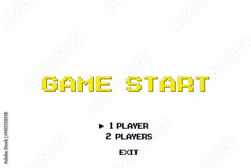 GAME START. pixel art .8 bit game. retro game. for game assets in vector illustrations on white background.