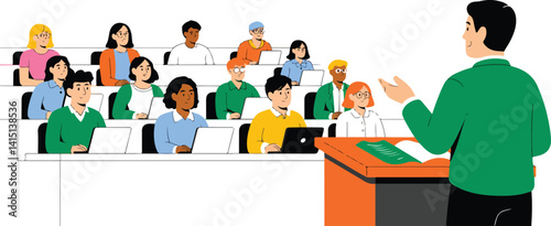  Illustration of a teacher teaching a class of students, all actively participating with laptops. Perfect for projects related to classroom engagement, teaching methods, and technology use in educatio