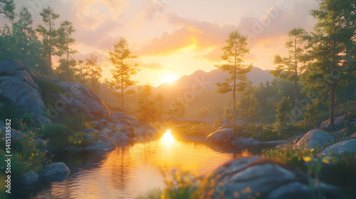 Serene pond reflects a vibrant sunset bordered by rocky outcrops and lush trees with distant mountains veiled in a sof