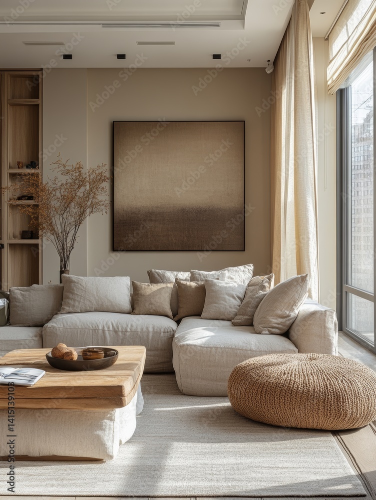 modern loft-style apartment with pastel walls, large windows allowing natural light to fill the space, minimalistic decor modern loft-style apartment with pastel walls, large windows allowing natural light to fill the space, minimalistic decor