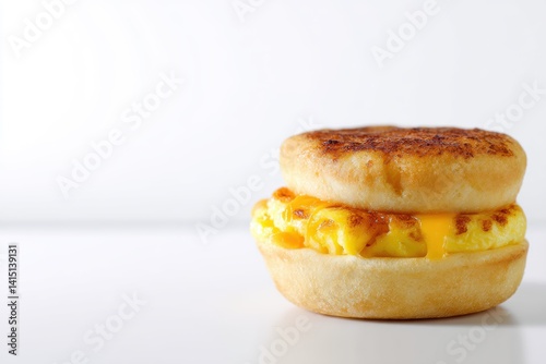 Delicious toasted english muffin breakfast sandwich with egg and cheese on bright white background