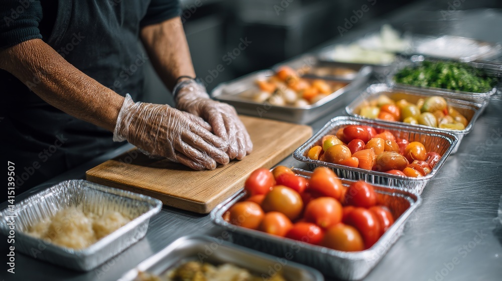 Obraz premium food safety contamination health. Food Prep Scene Professional Chef Dicing with Precision Fresh Tomatoes and Produce Readying Ingredients.