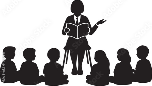  Silhouette of a Teacher Reading to a Group of Students in a Classroom Setting