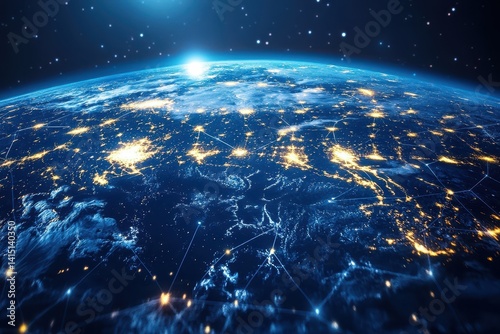 View of Earth from space highlighting lights of cities and networks in the dark, showcasing a dazzling display of human activity and nature at night